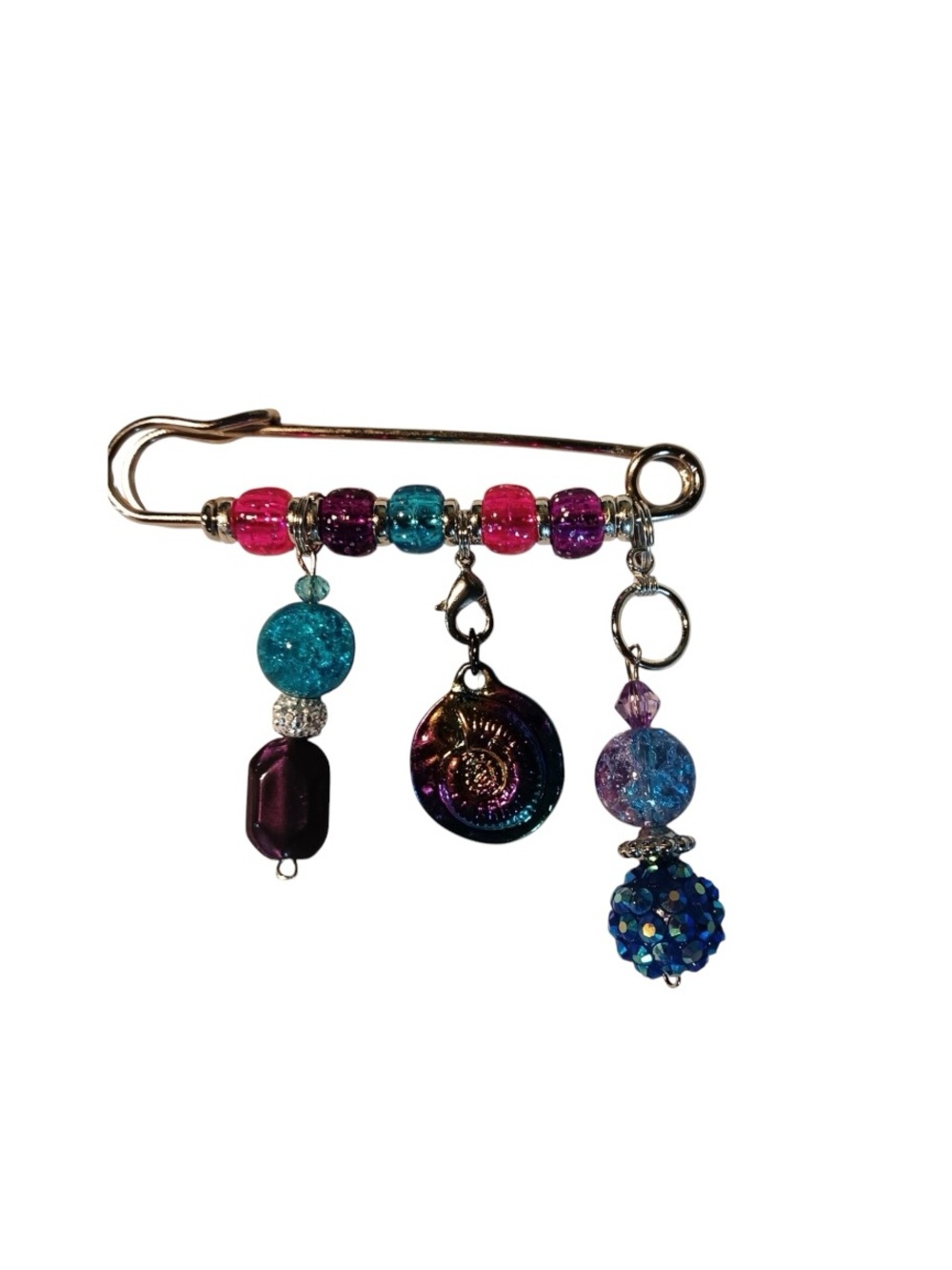 Handmade Beaded Silver Safety Pin Bag Purse Charm Brooch Purple Pink Blue